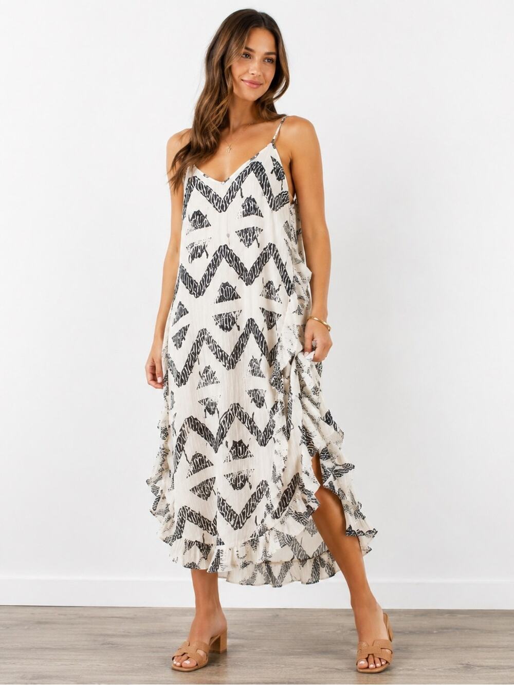 NWT Joie Hayworth Silk Midi Dress Bleached Stone Geo Print Ruffle Hem Size L